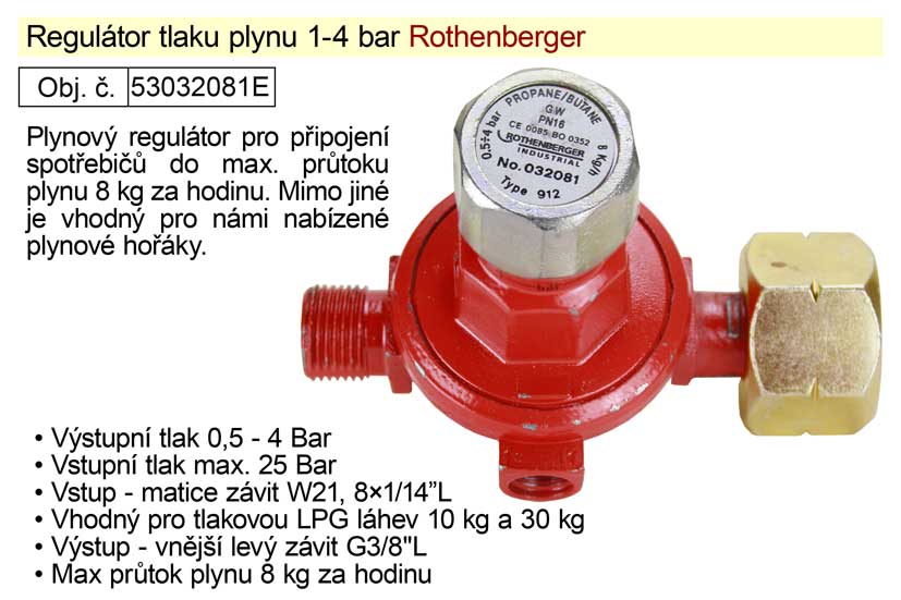 Regultor tlaku plynu 1-4bar vhodn pro plynov hoky, W21,8 a G3/8"L