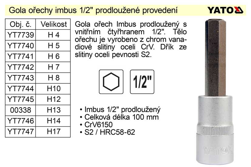 Gola oech imbus 1/2" prodlouen H12 YT-7745
