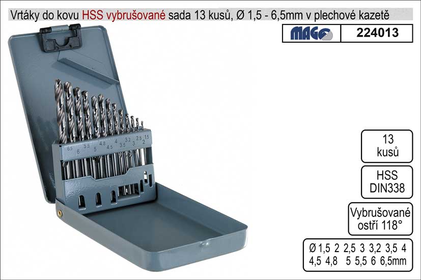 Vrtáky do kovu vybrušované 1,5-6mm HSS 13 kusů