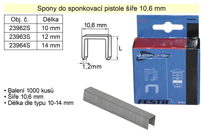 Spony do sponkovačky šíře 10,6 mm hranaté délka 12 mm balení 1000 kusů, typ 140