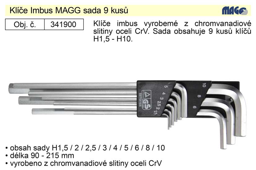 Klíče imbus zahnuté 1,5 - 10 mm dlouhé bez kuličky