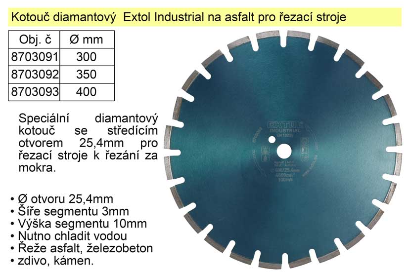 Kotouč diamantový  Extol Industrial na asfalt 400mm segmentový pro řezací stroje