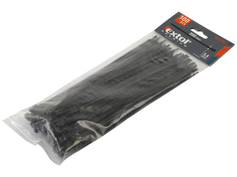 Pásky stahovací černé 280x3,6mm balení 100 kusů NYLON, EXTOL PREMIUM