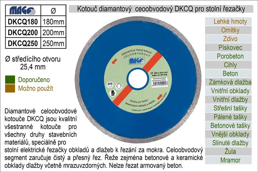 Kotouč diamantový celoobvodový DKCQ180 pro řezačky dlažeb