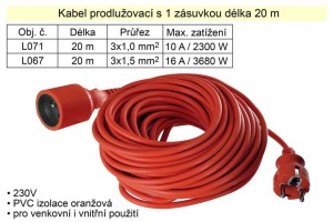 Prodlužovací kabel 1 zásuvka délka 20 m 10 A
