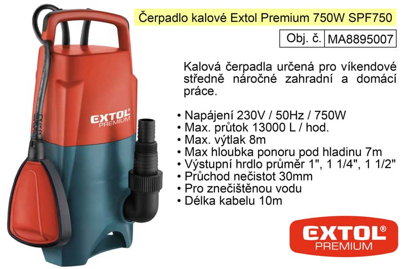 Čerpadlo elektrické kalové 750 W 13000 l / hod  Extol Premium 8895007