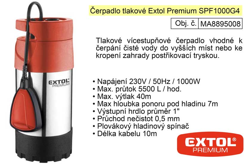 Čerpadlo elektrické nerezové tlakové 1100 W 5500 l / hod  Extol Premium 8895008