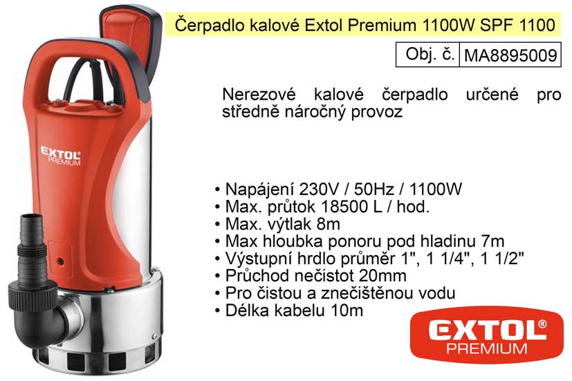 Čerpadlo elektrické nerezové kalové 750 W 18100 l / hod  Extol Premium 8895009