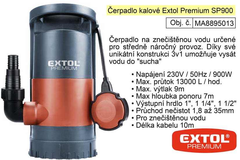 Čerpadlo ponorné kalové 3 v 1  900 W  1300 l / hod.  Extol Premium 8895013