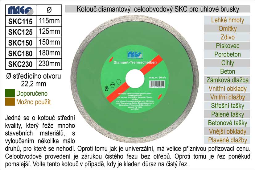 Kotouč diamantový celoobvodový pro úhlové brusky SKC230