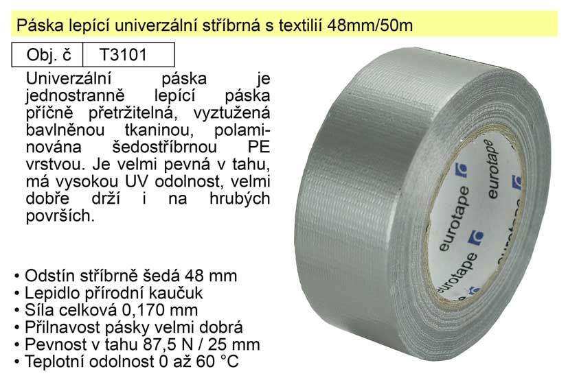 Páska lepící univerzální stříbrná s textilií 48mm/50m