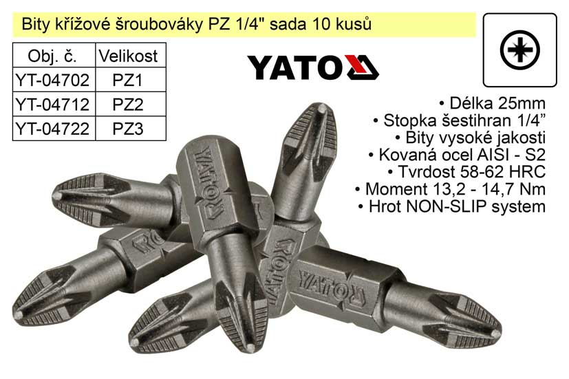 Bit křížový šroubovák PZ1x25mm 1/4" sada 10 kusů YT-04702
