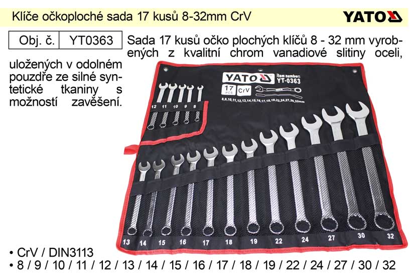 Klíče očkoploché sada 17 kusů 8-32mm CrV Yato