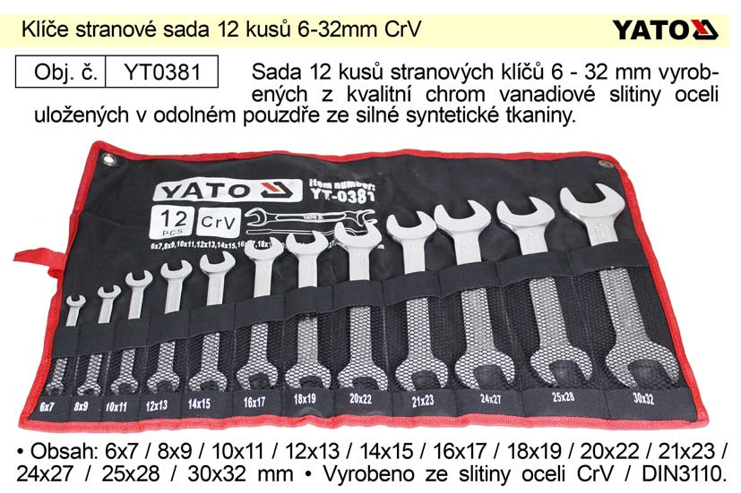 Klíče stranové sada 12 kusů 6-32mm CrV Yato
