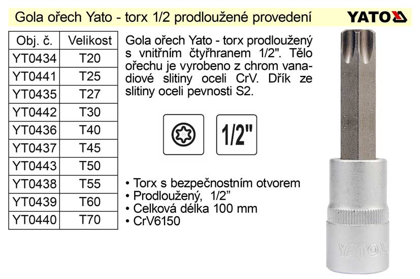 Gola ořech torx 1/2" prodloužený T30 YT-0442