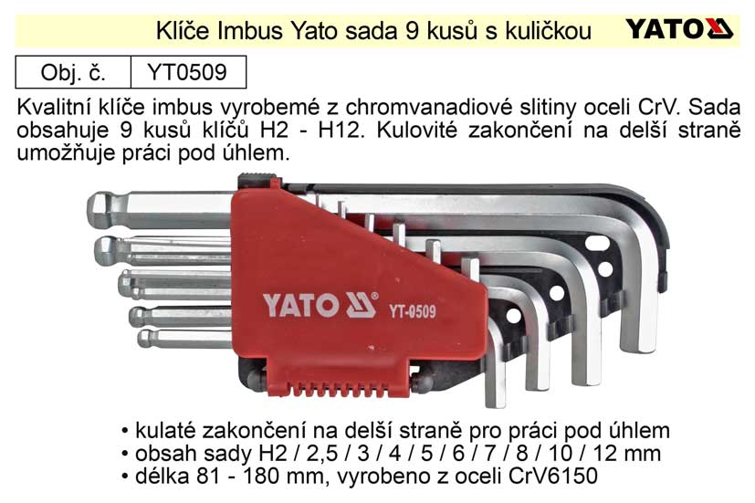 Klíče imbus zahnuté 2 - 12 mm s kuličkou Yato