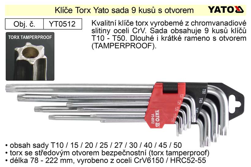 Klíče torx Yato zahnuté sada 9 kusů délka 90-200mm