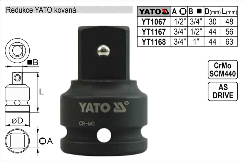 Redukce YATO kovaná vnější čtyřhran  3/4"- vnitřní čtyřhran 1/2"