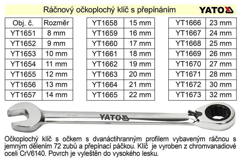 YATO Ráčnový klíč očkoplochý s přepínáním 22mm