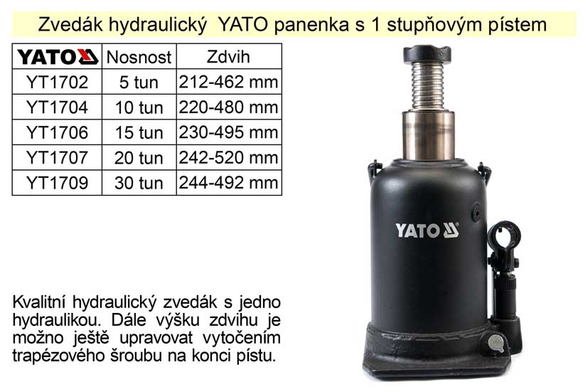 Zvedák hydraulický  YATO panenka s 1 stupňovým pístem, 10 tun zdvih