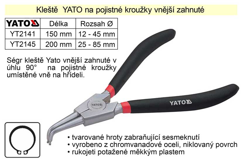 Kleště  YATO na pojistné kroužky 150 mm vnější zahnuté