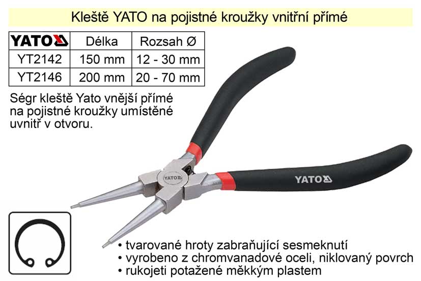 Kleště  YATO na pojistné kroužky 150 mm vnitřní přímé