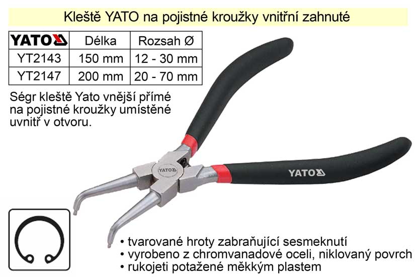 Kleště  YATO na pojistné kroužky 200 mm vnitřní zahnuté