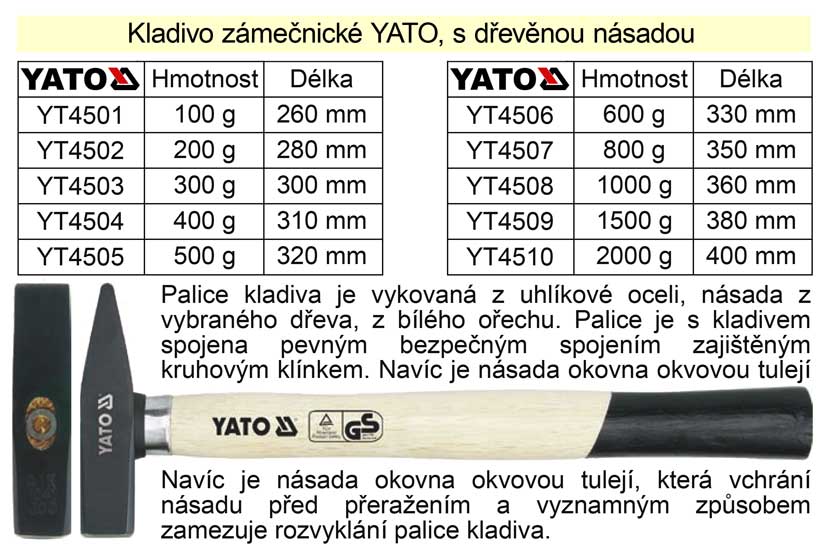 Kladivo zámečnické  YATO s dřevěnou okovanou násadou 100g