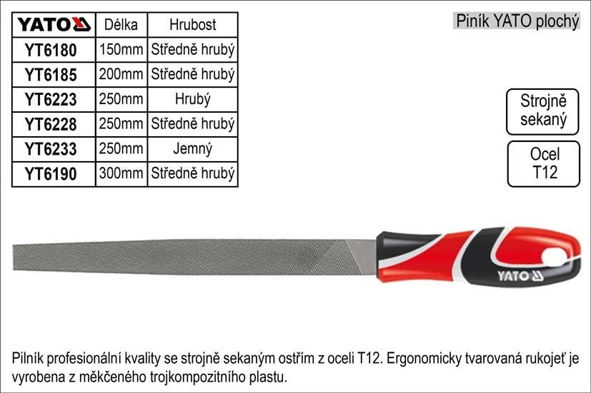 Pilník  YATO plochý délka 200mm středně hrubý