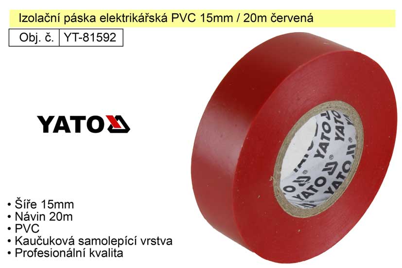 Izolační páska elektrikářská PVC 15mm / 20m červená 0.059 Kg NÁŘADÍ Sklad2 YT-81592