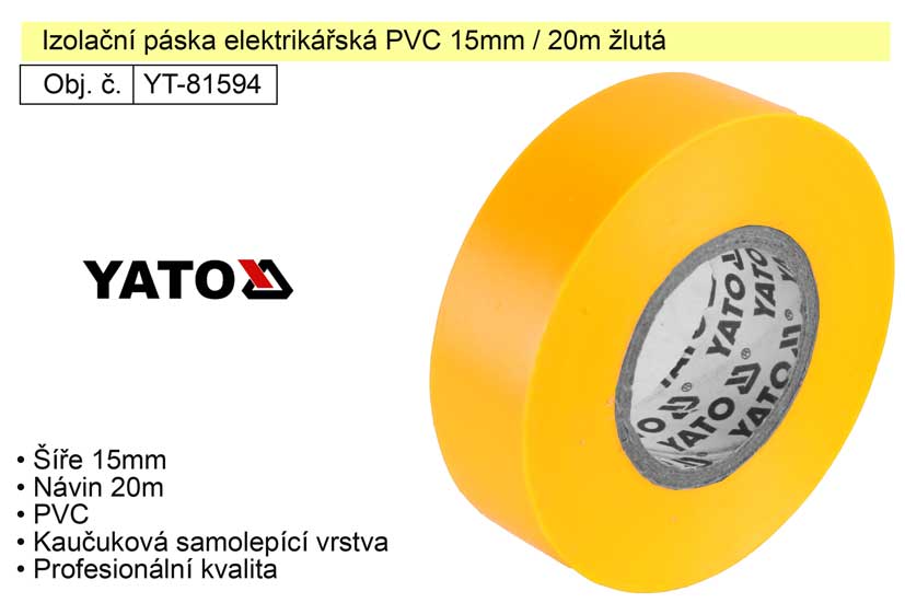 Izolační páska elektrikářská PVC 15mm / 20m žlutá 0.059 Kg NÁŘADÍ Sklad2 YT-81594