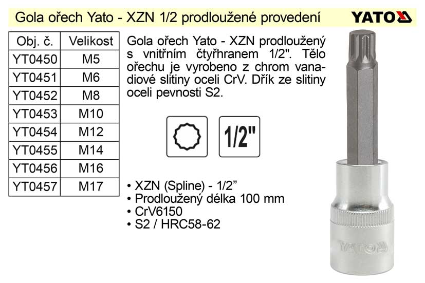 Gola ořech XZN M14 prodloužený 1/2" YT-0455 0.188 Kg NÁŘADÍ Sklad2 YT-04355