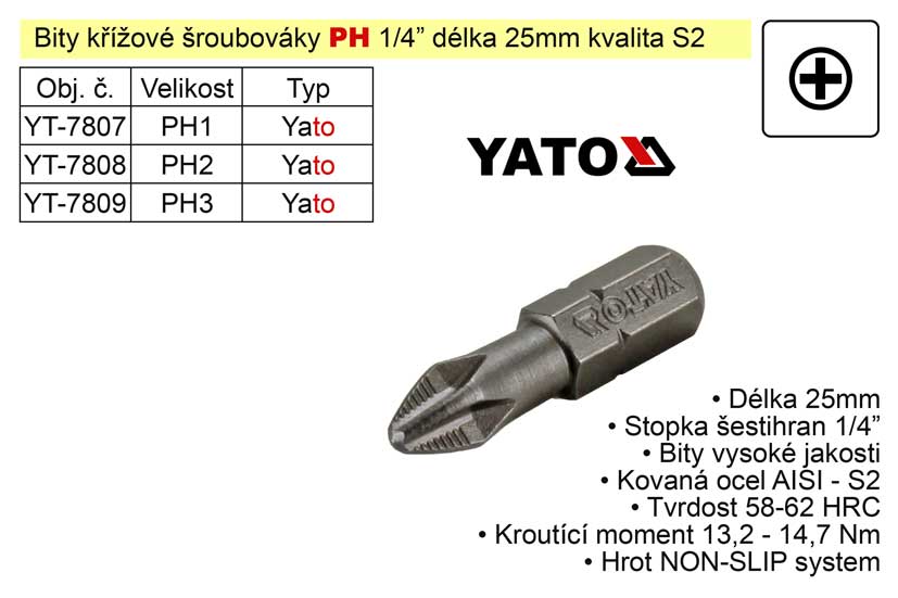 Bit křížový šroubovák PH3x25mm 1/4" Yato 0.3 Kg NÁŘADÍ Sklad2 YT-7809