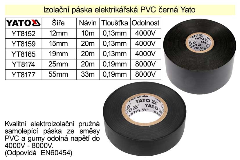 Izolační páska elektrikářská PVC šíře 15mm délka 20m černá Yato 0.059 Kg NÁŘADÍ Sklad2 YT-8159