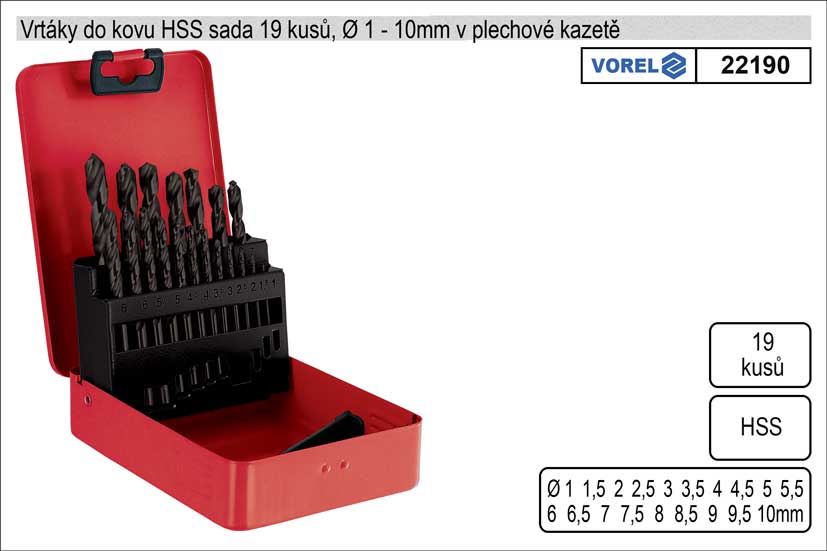 Vrtky do kovu HSS 1-10mm sada 19 kus v plechov kazet