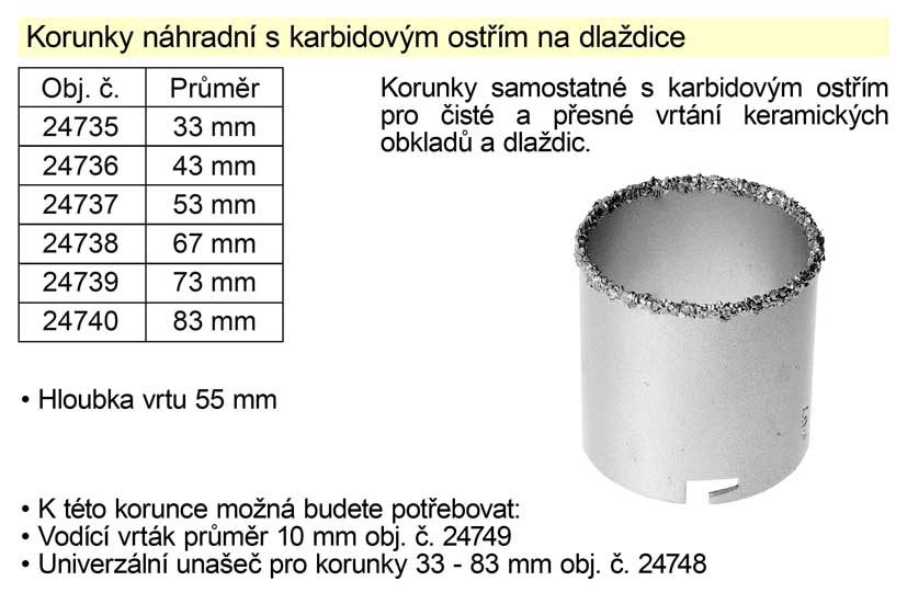 Korunka náhradní 43 mm s karbidovým ostřím na dlaždice
