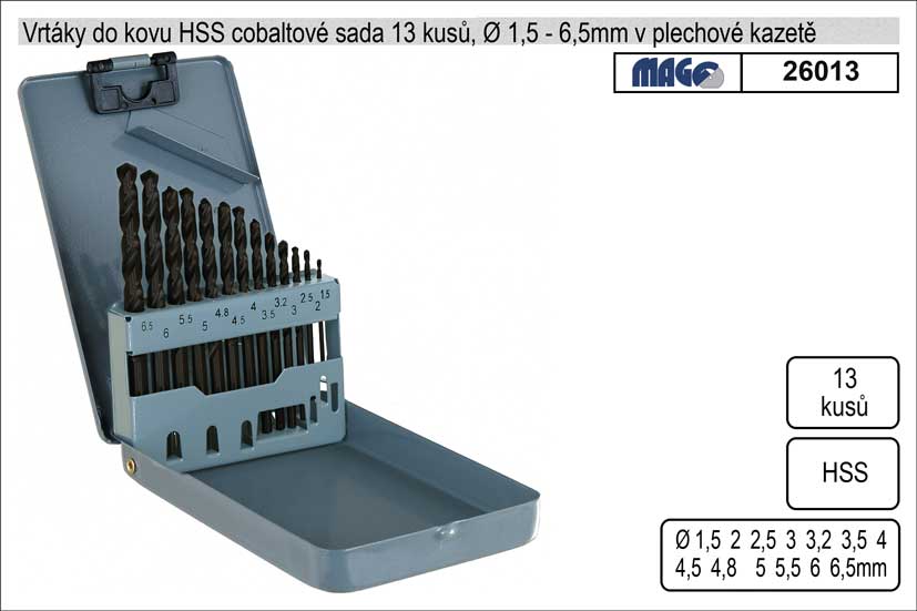 Vrtáky do kovu 1-6,5mm HSS 13 kusů v plechové kazet