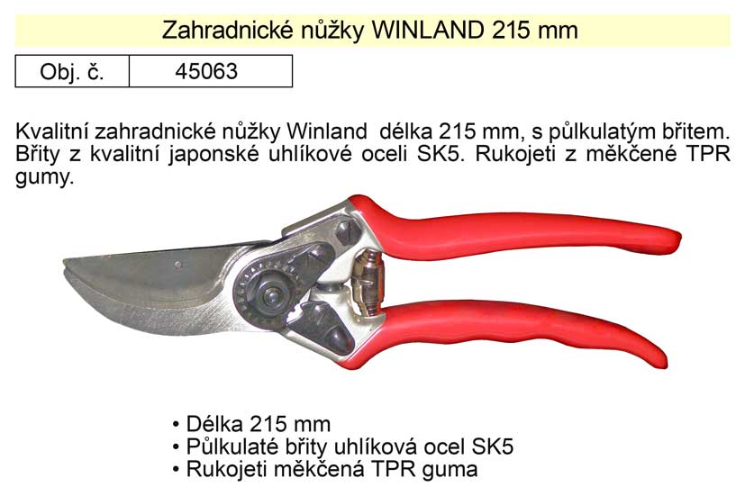 Nůžky zahradnické WINLAND 215 mm půlkulatý břit