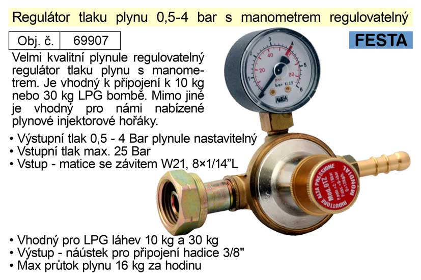 Regulátor tlaku plynu 0,5-4bar s manometrem regulovatelný vhodný pro plynové hořáky
