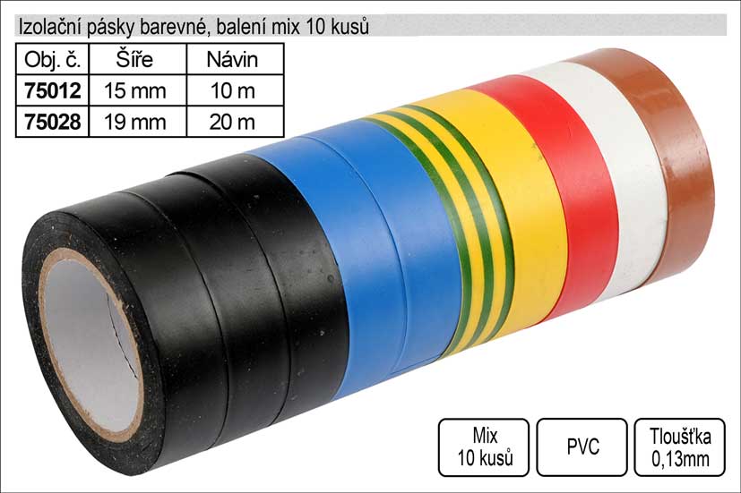 Izolační pásky elektrikářské PVC 15mm délka 10m barevné balení 10 ku