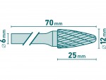Stopkov frza do kovu, kulat oblouk, pr.12x25mm/stopka 6mm,sek stedn(double-cut)