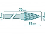 Stopkov frza do kovu, ostr oblouk, pr.12x25mm/stopka 6mm,sek stedn(double-cut)