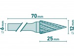 Stopkov frza do kovu, konick-jehlan, pr.12x25mm/stopka 6mm,sek stedn(double-cut)