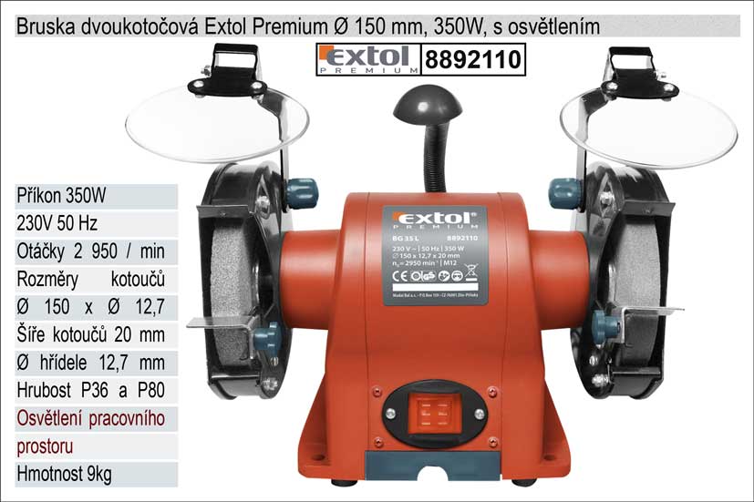 Bruska dvoukotoučová 350 W s osvětlením Extol Premium 8892110