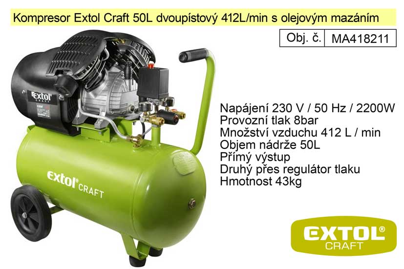 Kompresor olejový dvoupístový 50L 3HP / 2200W / 230V EXTOL CRAFT