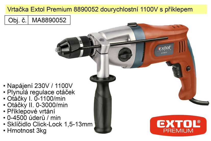 Elektrická vrtačka dvourychlostní 1100 W Extol Premium 8890052
