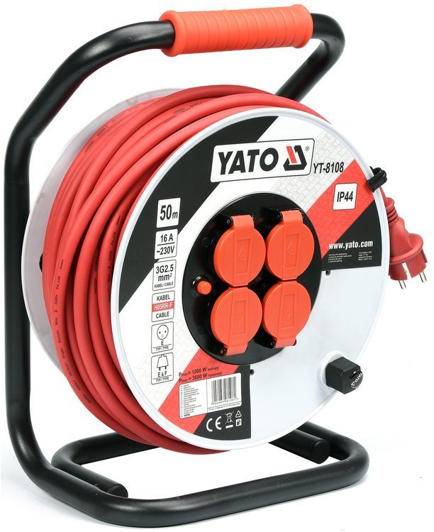YATO Prodlužovací kabel na cívce 50m, 230V 3x2,5mm, gumová izolace, 4 zásuvky YT-8108