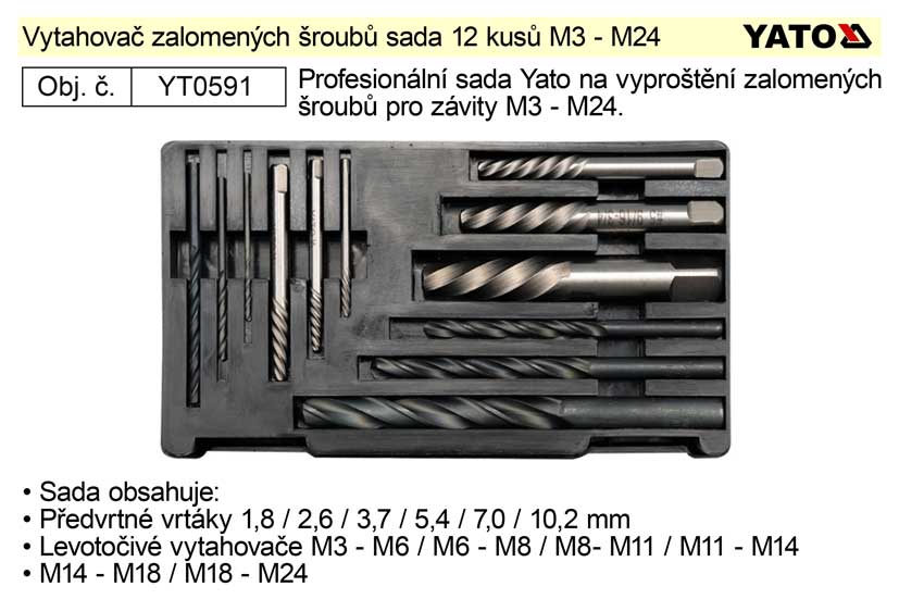 Vytahovač zalomených šroubů sada 12 kusů 3 - 24 mm Yato