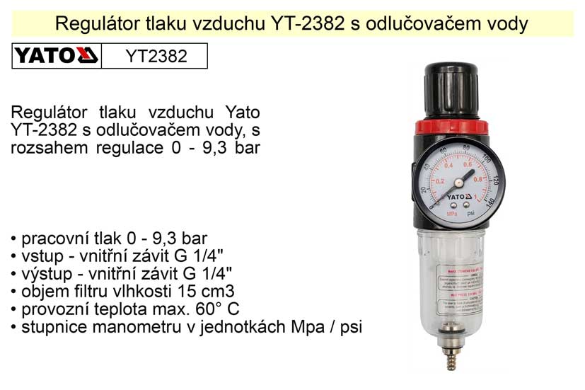 YATO Regulátor tlaku vzduchu s odlučovačem, 1/4", redukční ventil YT-2382