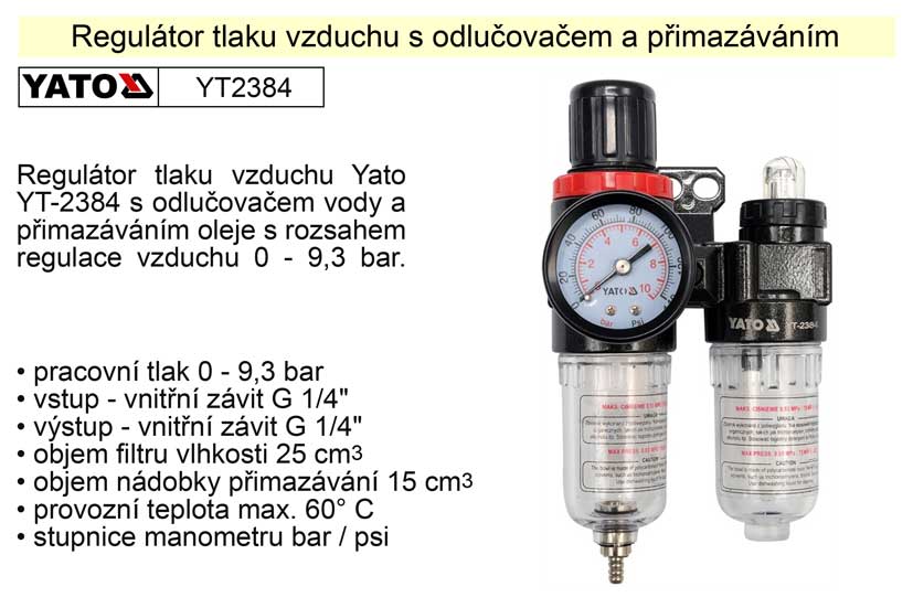 YATO Regulátor tlaku vzduchu s odlučovačem a přimazáváním, 1/4", redukční ventil YT-2384